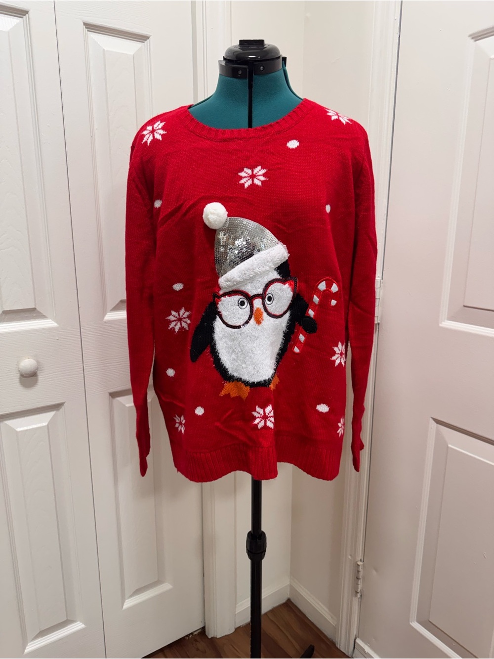 Holiday Time Red Penguin Sweater with Silver Sequin Hat